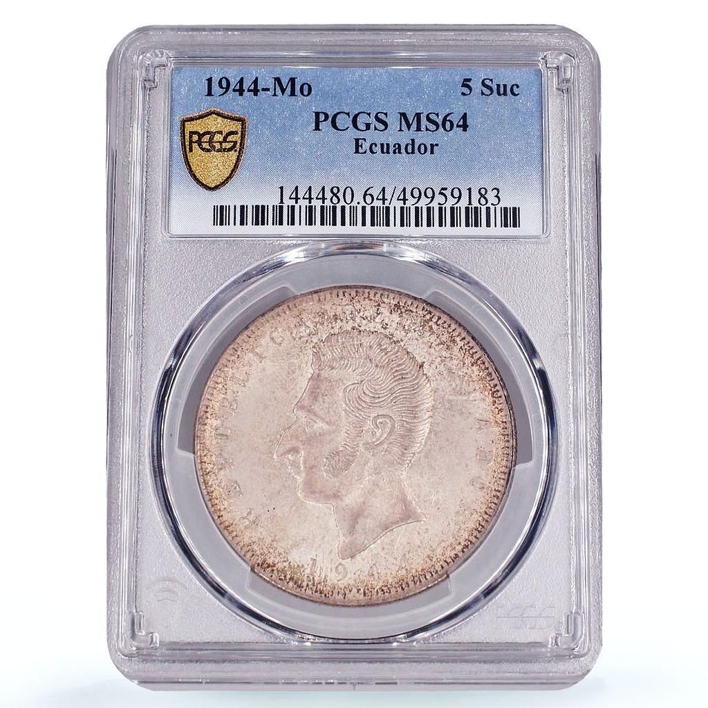 エクアドル 5 スクレ共和国貨幣アントニオ スクレ KM 79 MS 64 PCGS 銀貨 1944