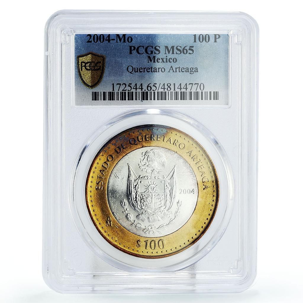 メキシコ 100 ペソ連合記念日ケレタロ アルテアガ MS 65 PCGS バイメタル コイン 2004