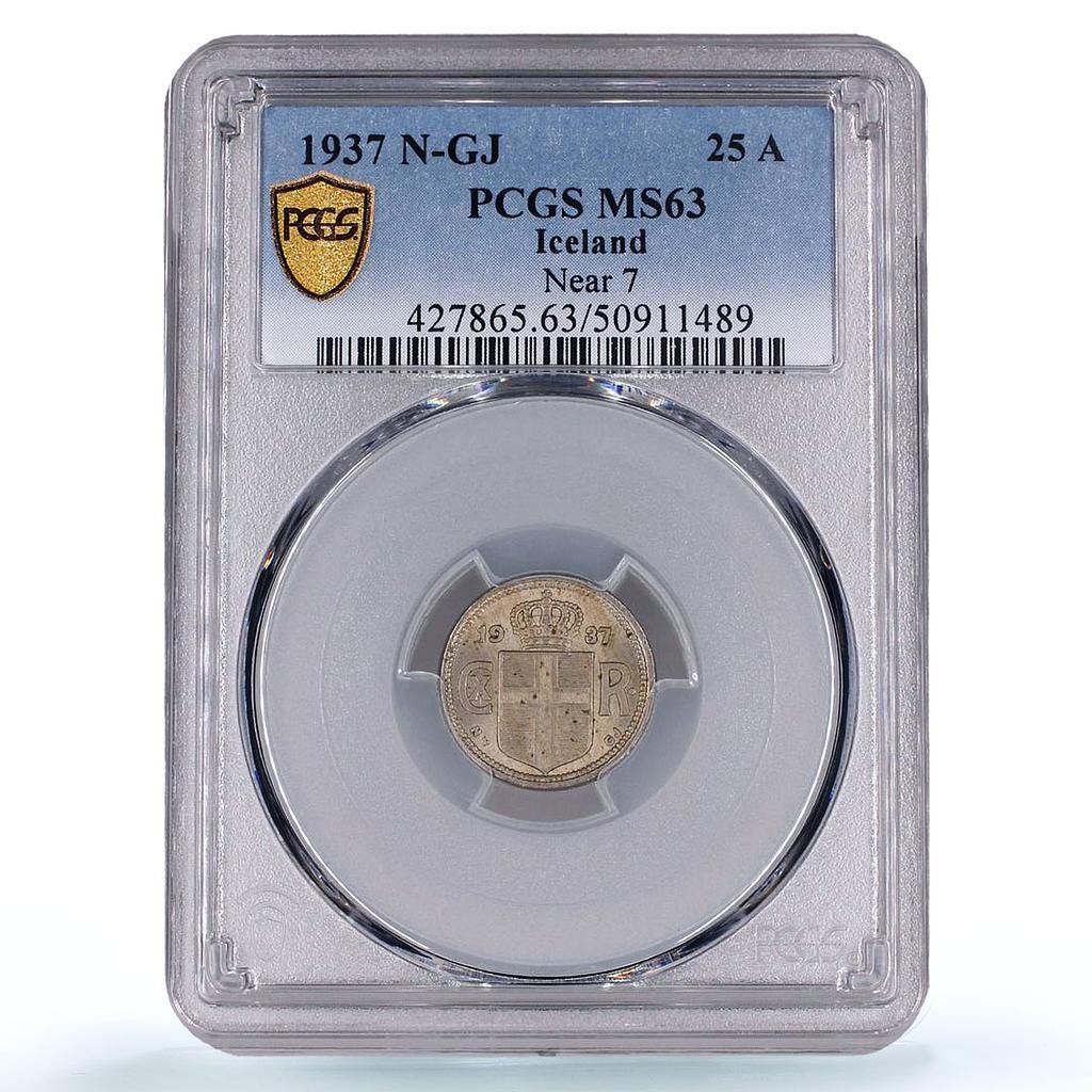 アイスランド 25オーラル クリスチャン10世 貨幣 約7 KM 2 1 MS 63 PCGS CuNi コイン 1937年