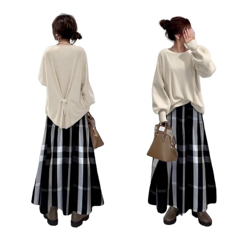 【新品】 [YUANYUAN]セットアップ ２点セット レディース 上下セット セーター+ロングスカート ニットセーター 後ろリボン ゆったり カジュアル 可愛い オシャレ 大人 通勤 春秋冬 (写真色,Free size,Free Size) 0
