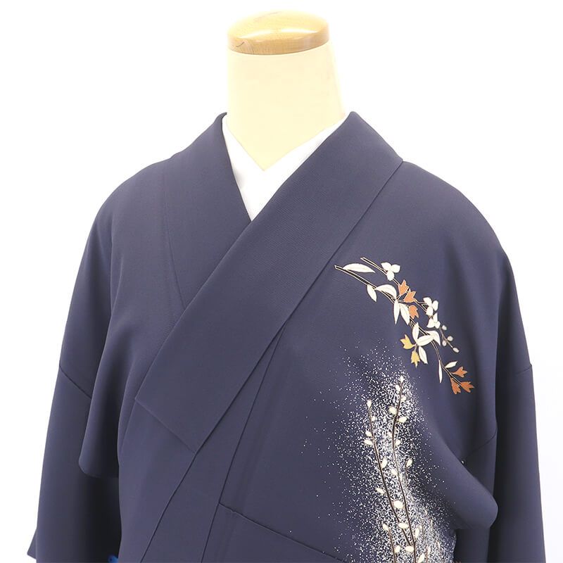 付下げ 袷 レディース 正絹 紺 植物 モダン柄 身丈156.5cm 裄丈63.5cm