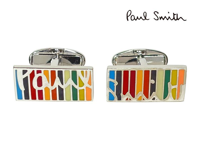 ポールスミス カフスボタン Paul Smith M 1 A CUFF KSIGN MEN CUFFLINK SIGNATURE ロゴ入り マルチ ストライプ 長方形 プレート カフリンクス