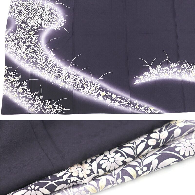 付下げ 袷 レディース 正絹 紺紫 草花 菊 萩 桔梗 身丈166cm 裄丈65.5