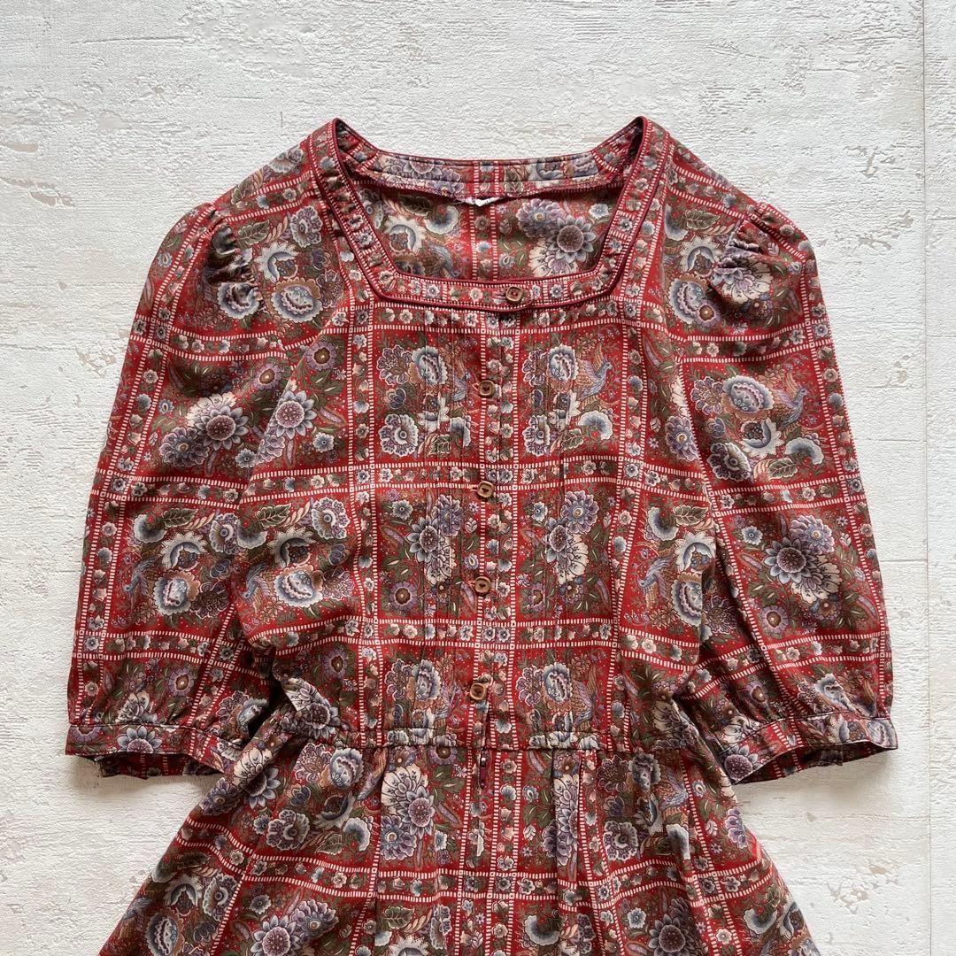 昭和レトロ 花柄 ペイズリー 赤 七分袖ワンピース ロング丈 大人かわいい J2