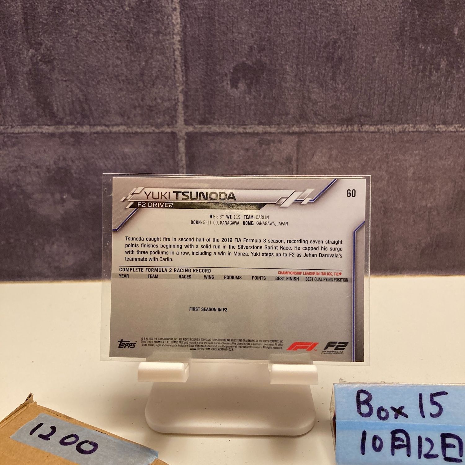 2020 Topps Chrome Yuki Tsunoda 角田裕毅 F2 Carlin Future Stars
