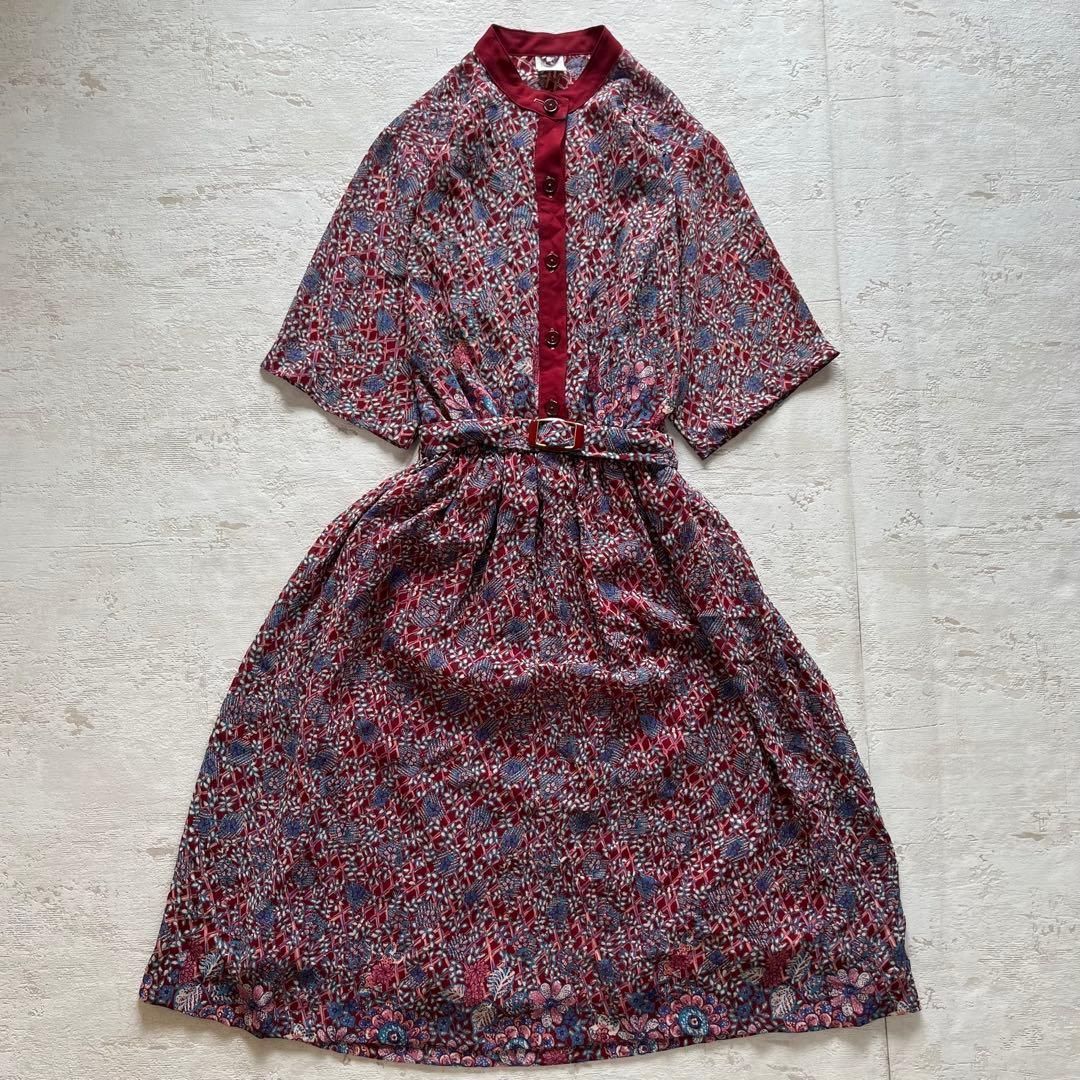 昭和レトロ ヴィンテージ 幾何学 花柄スタンド 半袖ロングワンピースad