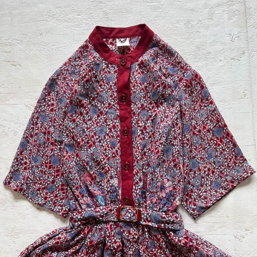 昭和レトロ ヴィンテージ 幾何学 花柄スタンド 半袖ロングワンピースad