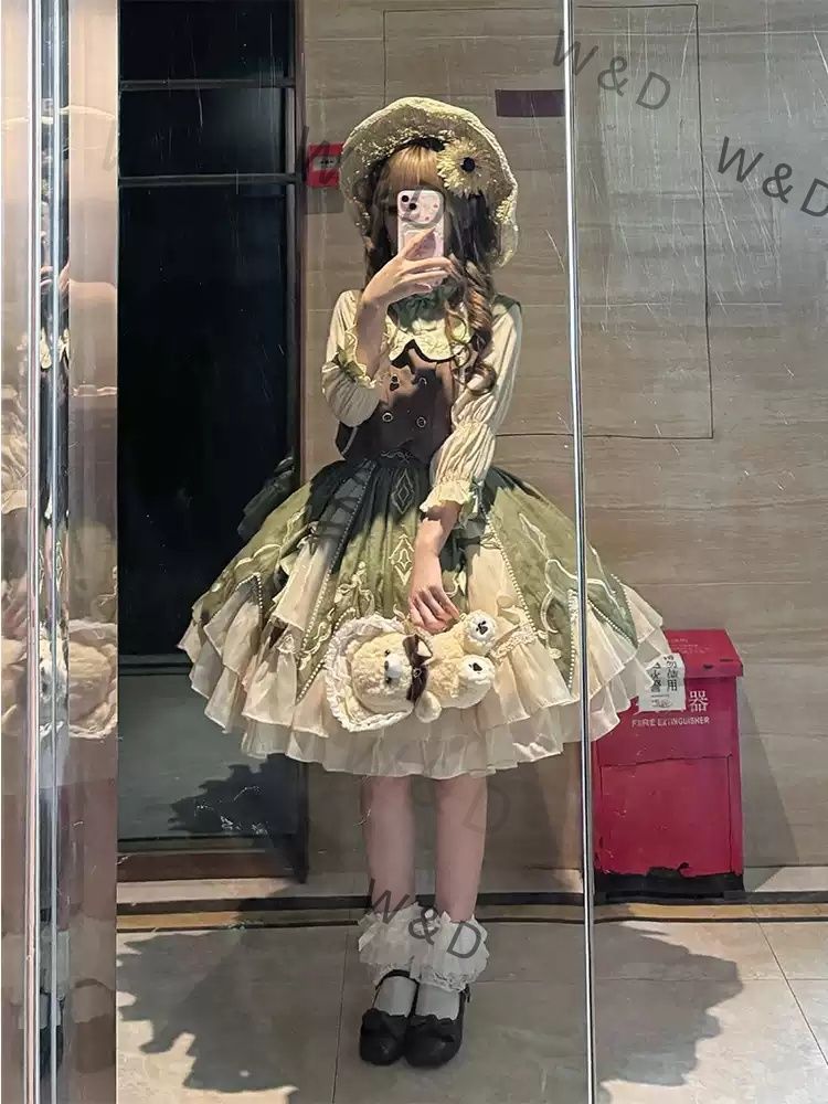 グリーンカントリー風ロリータドレス ベスト ブラウス スカート セット エレガント 甘い プリンセス フォーマル おしゃれ 自然の中の小さなプリンセスへ 優雅で甘いカントリーロリータスタイル