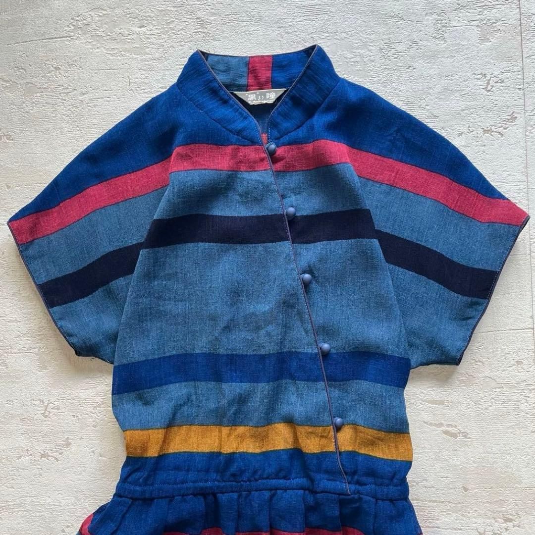 昭和レトロナチュラル系和風デザインボーダーワンピース着物風 ネイビー9号L 1