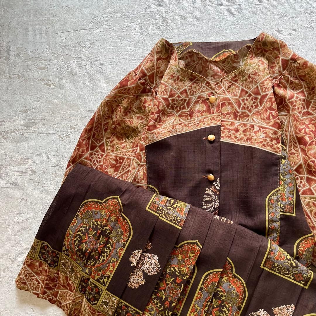 昭和レトロリーフ柄五分袖ロングワンピース透け素材パターン柄モダンブラウン9号K 1