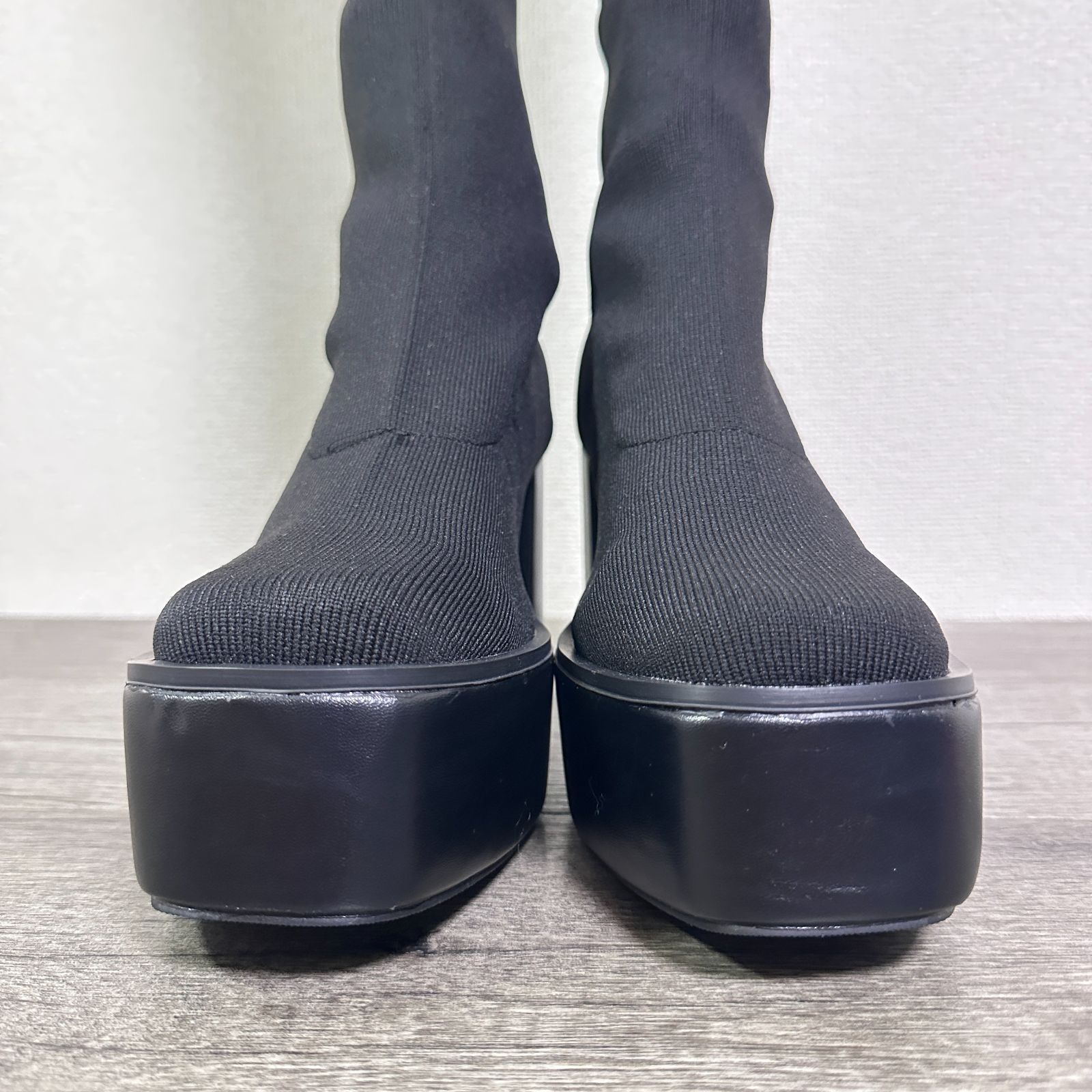 ENVYM 24 AW スクエアトゥストレッチニーハイブーツ チャンキーヒール ストレッチニット ニーハイソックスブーツ ロングブーツ 厚底ブーツ 24.5 cm ブラック