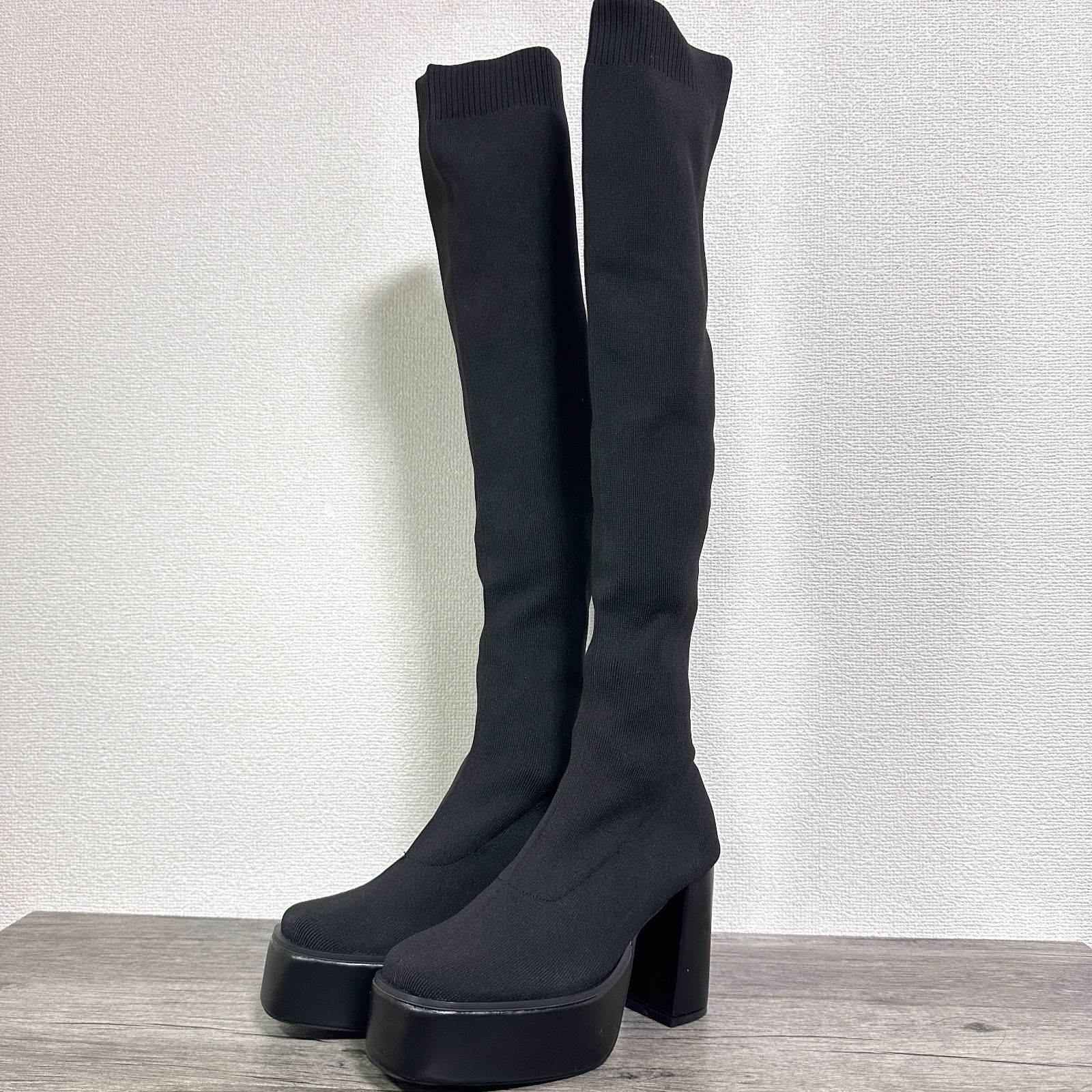 ENVYM 24 AW スクエアトゥストレッチニーハイブーツ チャンキーヒール ストレッチニット ニーハイソックスブーツ ロングブーツ 厚底ブーツ 5 cm ブラック