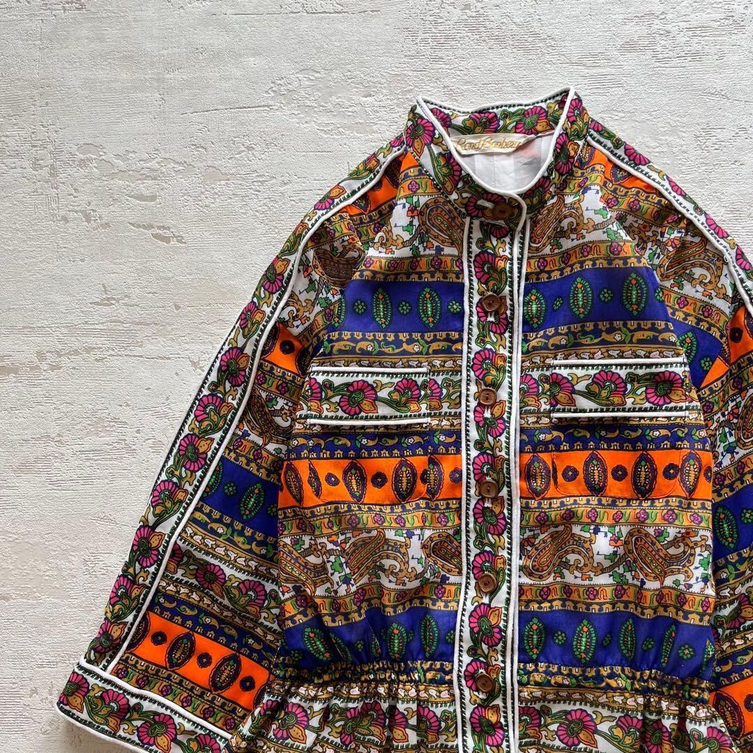 昭和レトロカラフルパターン柄七分袖ロングワンピーススタンド 9号D