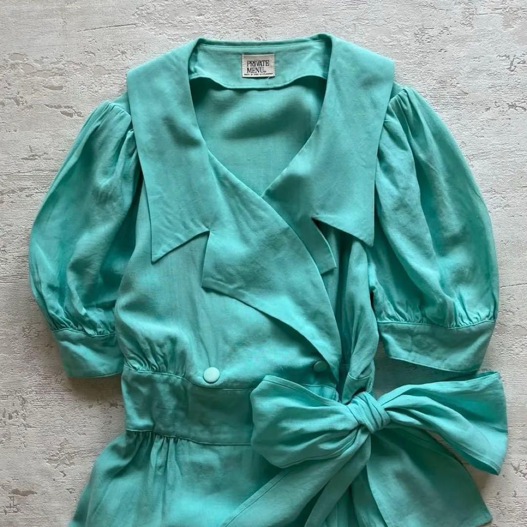 昭和レトロラップドレス半袖膝丈ワンピースウエストリボン付グリーンフリーサイズP 1