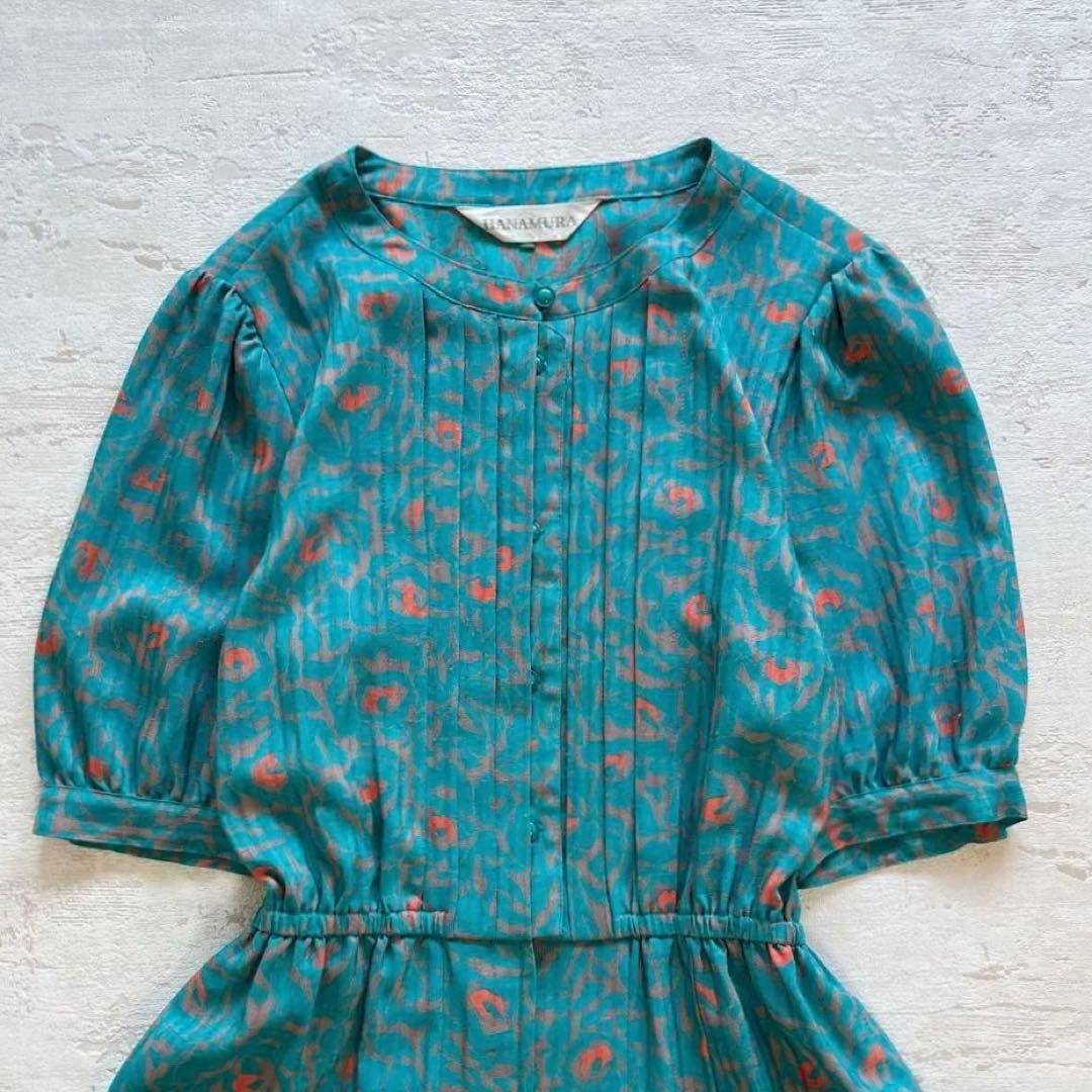 昭和レトロパターン柄半袖 ロングワンピースグリーン系フ 9号A