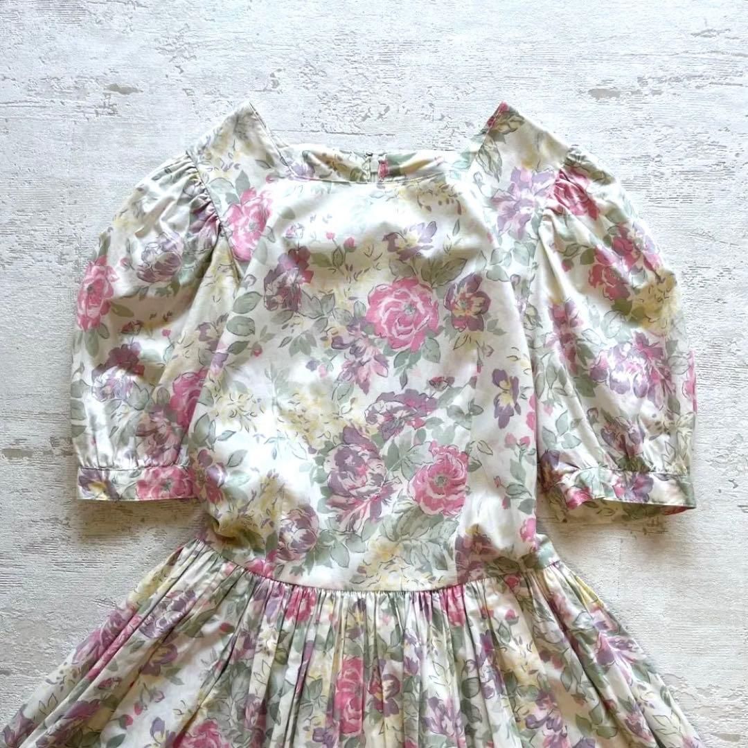 ローラアシュレイ花柄半袖ロングワンピースコットンフ ホワイトSサイズA