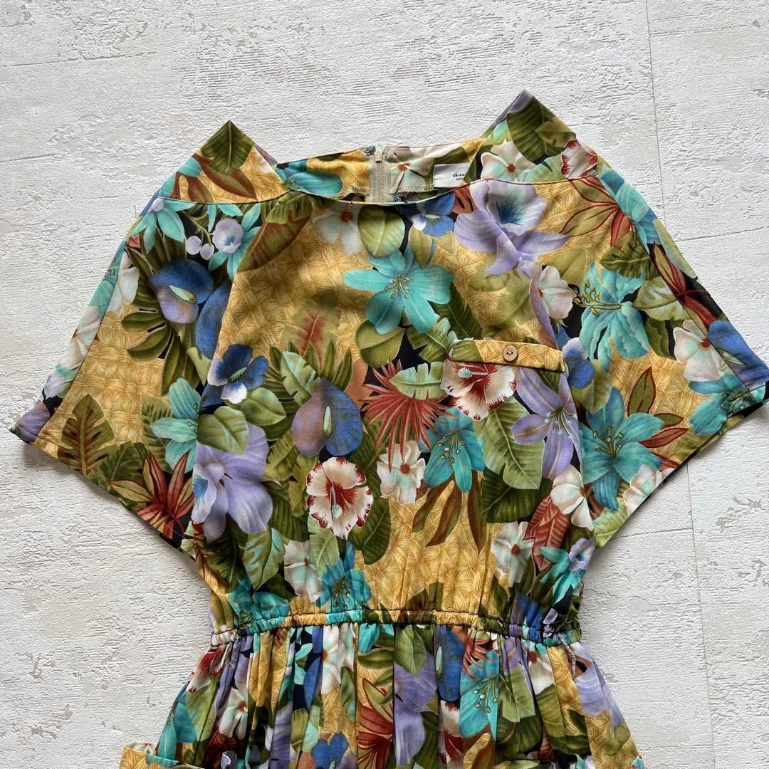 昭和レトロパステル花柄半袖ロングワンピース透け素材ポケット付きフレア11号ad