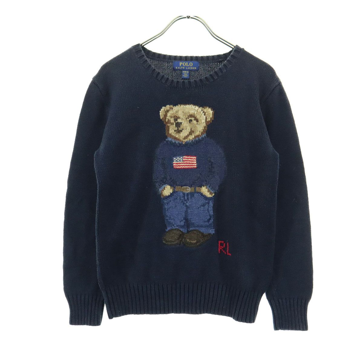 POLO RALPH LAUREN ポロラルフローレン ポロベアー アニマル柄 長袖 ニット M ネイビー BEAR キッズ 古着