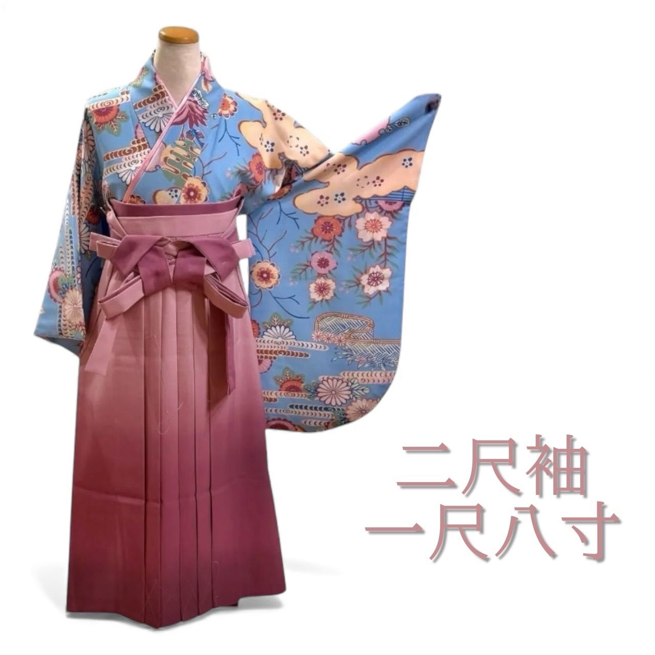 二尺袖 一尺八寸 紅型 水色 ピンク 袴 卒業式 個性的