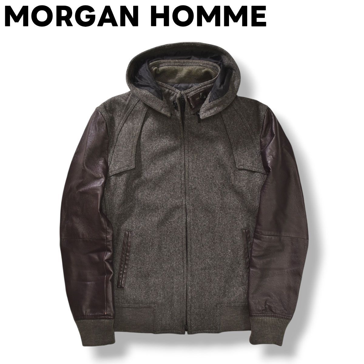 モルガン オム MORGAN HOMME フーデット ウール ジャケット 豚革 切替 