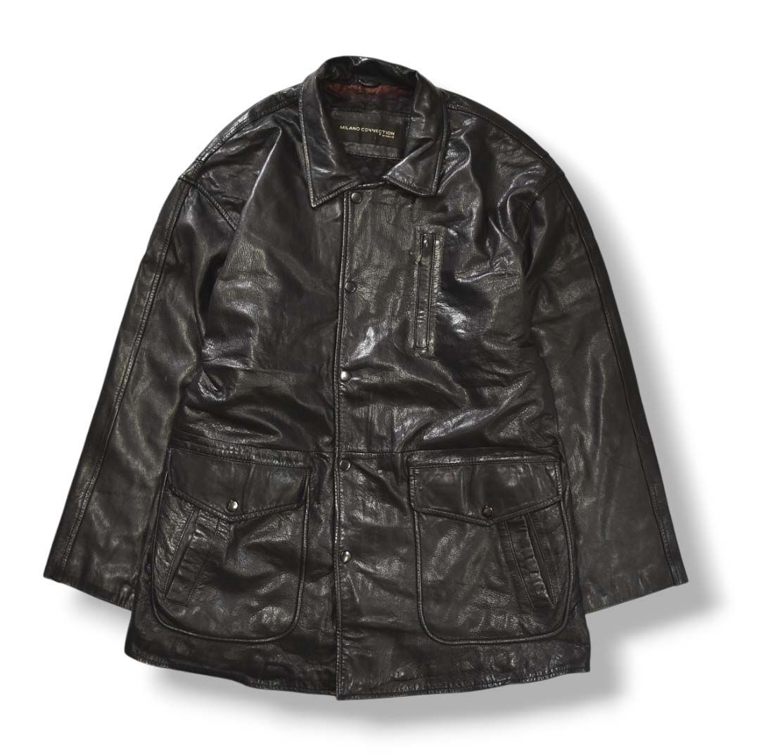 90 s ヴィンテージ ミラノコネクション タカキュー MILANO CONNECTION TAKA Q 山羊革 ゴートスキン レザー ジャケット キルティング 中綿 ジャンパー ブルゾン ジップアップ M ブラック メンズ