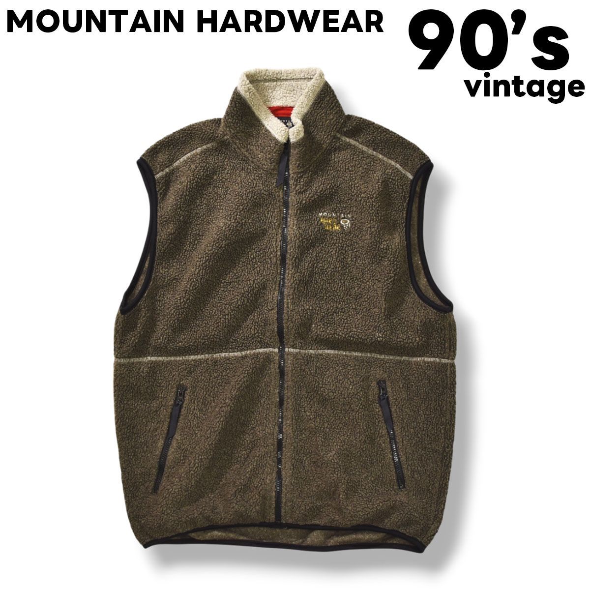 90 s ヴィンテージ マウンテンハードウェア MOUNTAIN HARDWEAR ボア フリース ベスト ジップアップ ジャンパー ロゴ入り XL オリーブブラウン アウトドア カジュアル ウェア メンズ