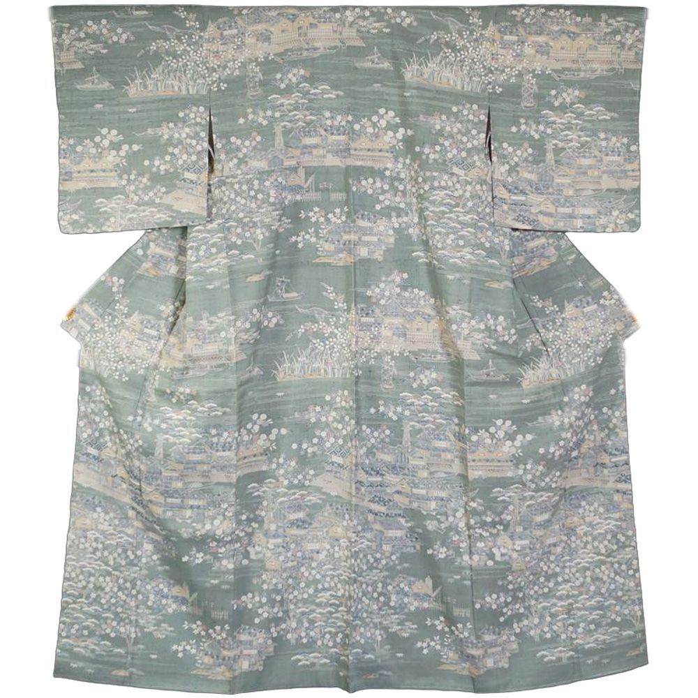 特選 着物 しょうざん 生紬 洒落訪問着 証紙付き 茶屋辻模様 Sサイズ 紬 紬地 紬の訪問着 tsumugi リサイクル着物 正絹 リユース 紬着物