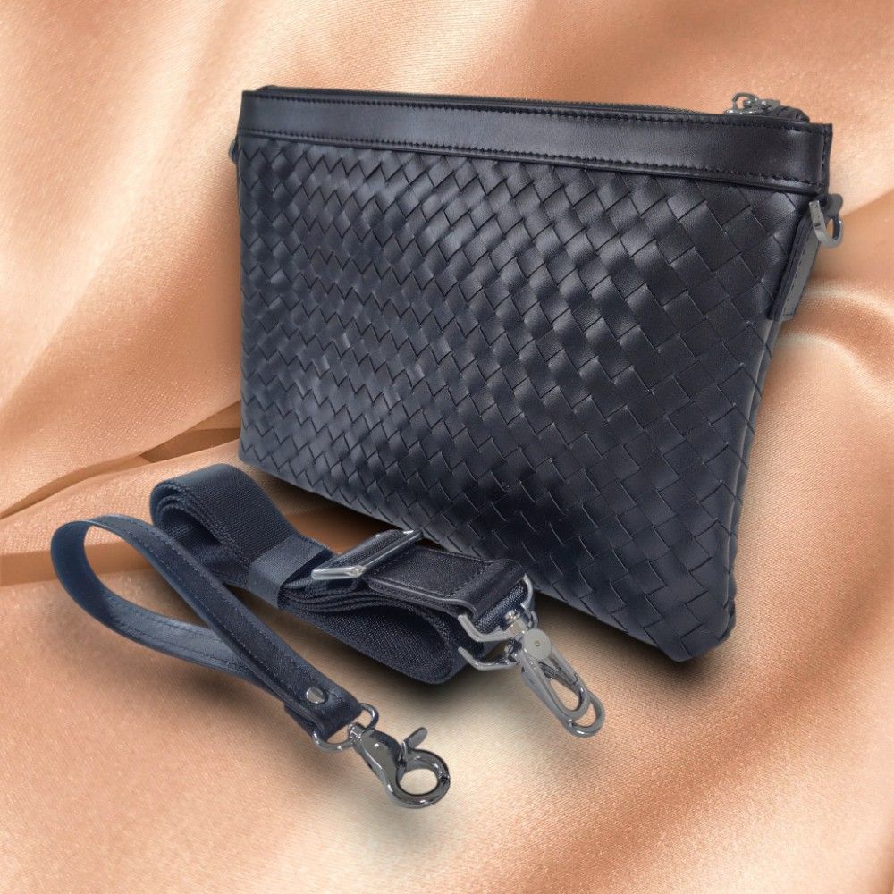 TIDING 本革 クラッチバッグ 黒 イントレチャート 編み込み セカンドバッグ 2 WAY b