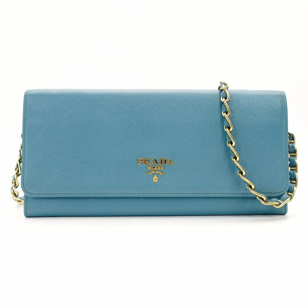 プラダ PRADA サフィアーノ レザー チェーン ウォレット ショルダーバッグ ブルー ゴールド金具 7-11-626