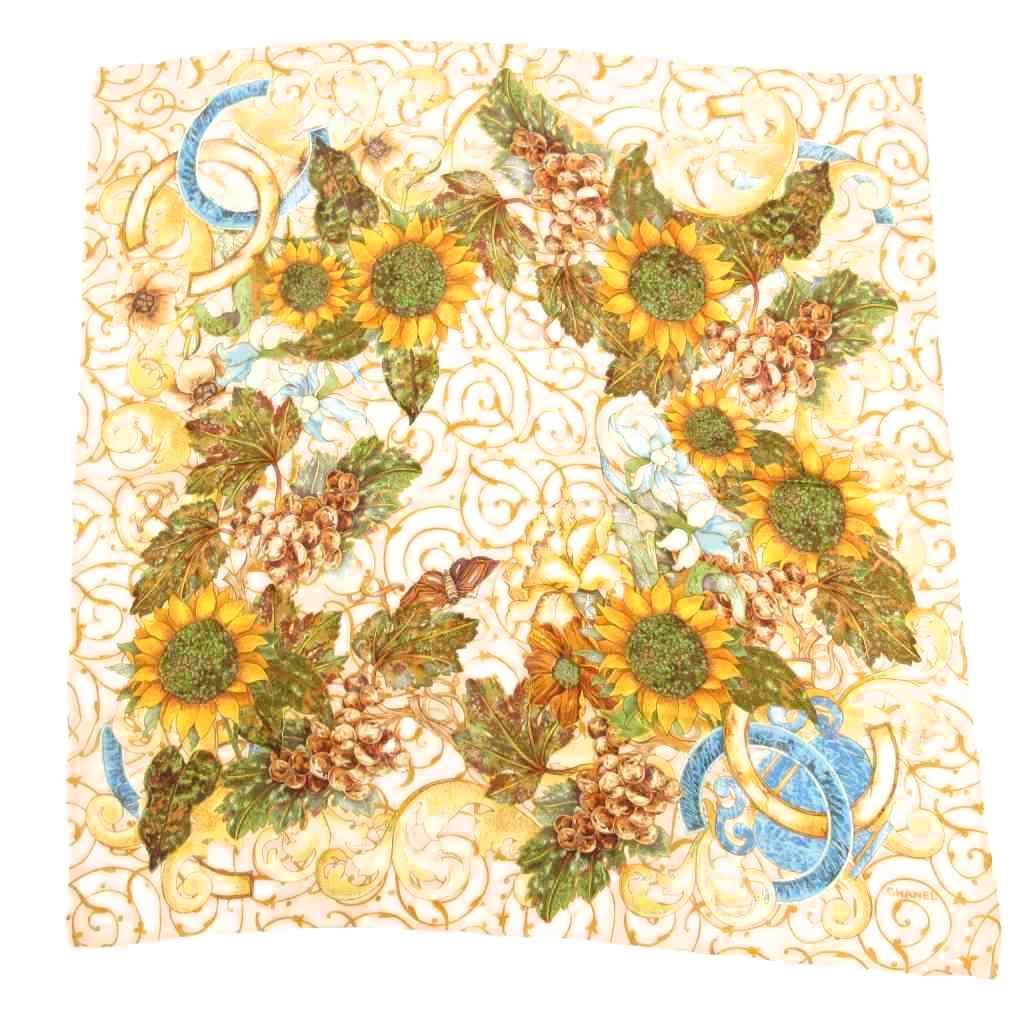 シャネル CHANEL スカーフ 大判 ココマーク ひまわり ブドウ ピンクベージュ イエロー系 UO