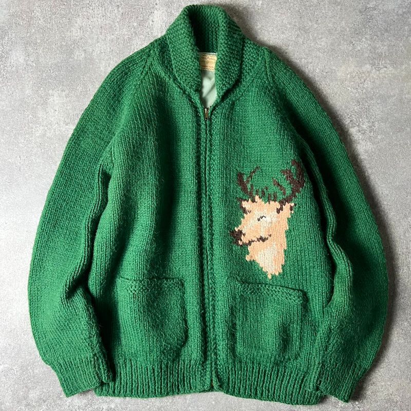 手編み 60s ハンティング 総柄 フルジップ ウール カウチン ニット