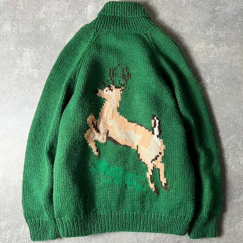 手編み 60s ハンティング 総柄 フルジップ ウール カウチン ニット