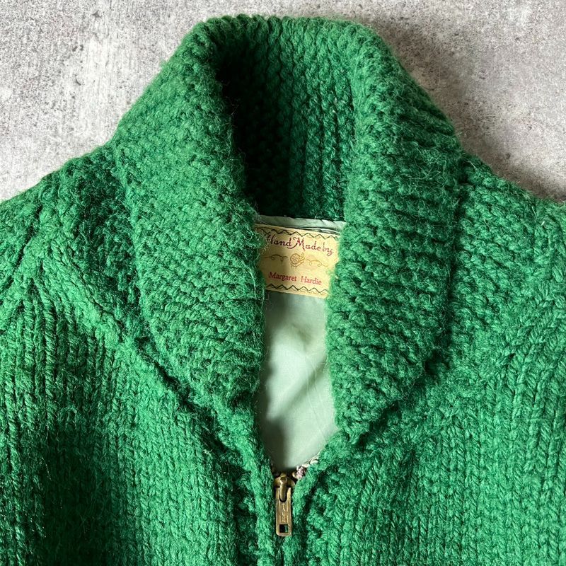 手編み 60s ハンティング 総柄 フルジップ ウール カウチン ニット