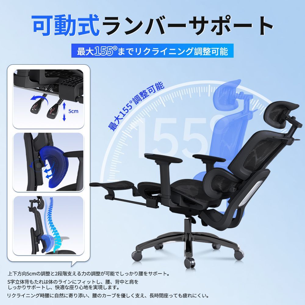 オフィスチェア メッシュ 椅子 チェア キャスター デスクチェア 5 Dヘッドレスト 可動式ランバーサポート 人間工学 高弾性ウェーブメッシュ素材ブラック