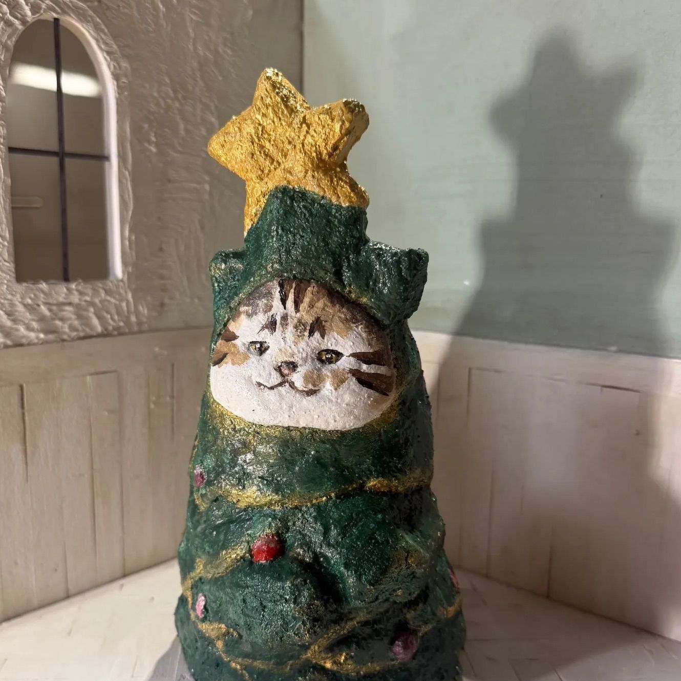 一点物】モルタル造形♡クリスマスツリー猫♥️前は猫・後ろはツリーの