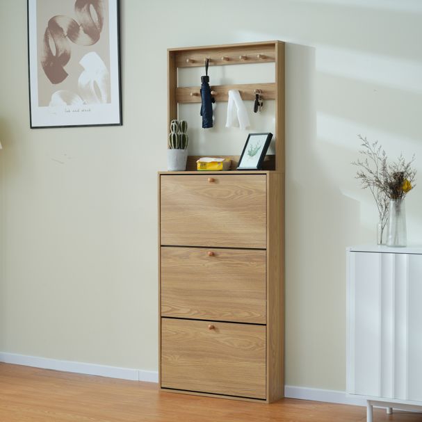 ヴィンテージナチュラル シューズラック スリム 靴箱 下駄箱 薄型 3段 フック付き くつ箱 靴入れ 収納ラック エントランス 靴収納 靴収納棚 木製 おしゃれ 消臭