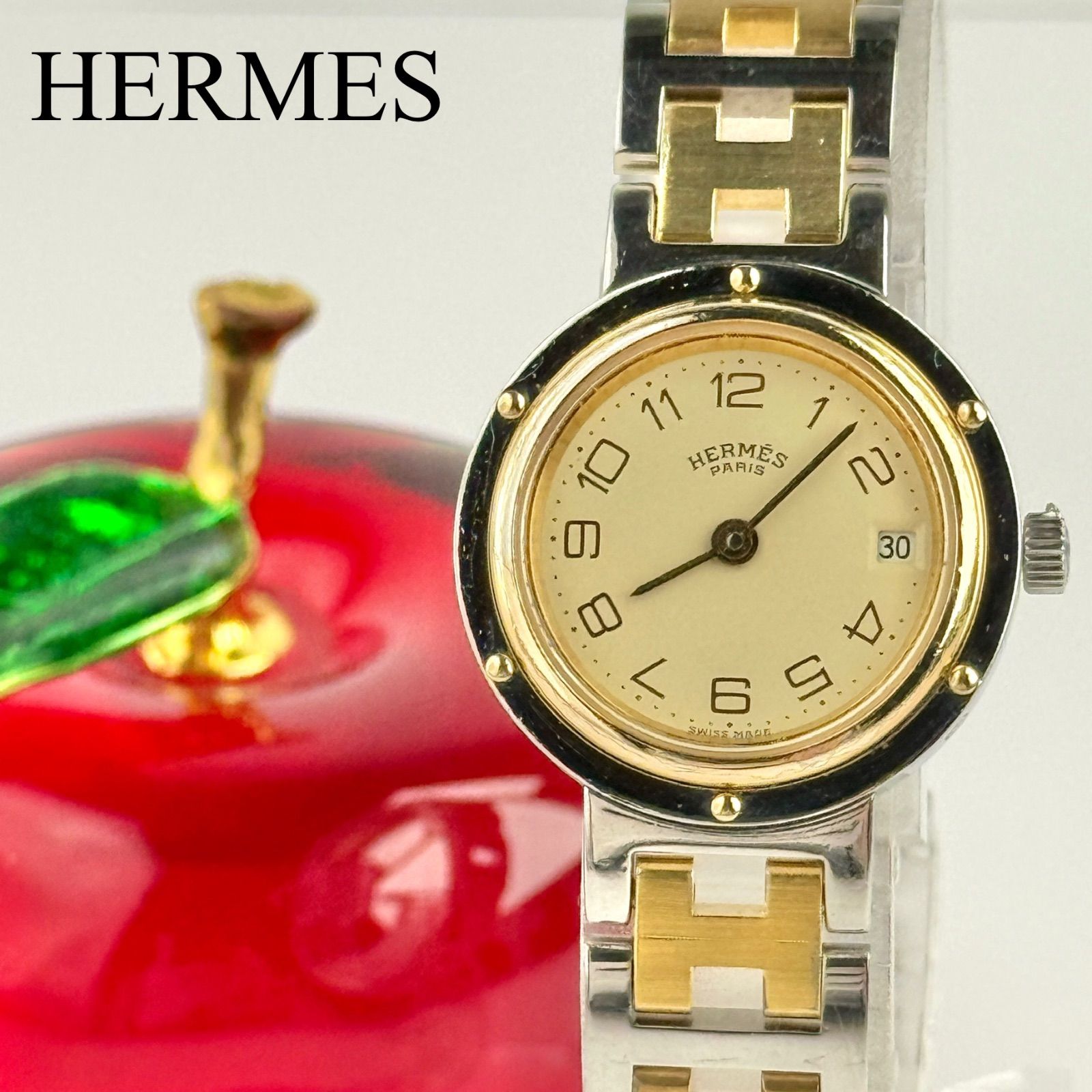 hal123エルメス時計クリッパー/新品電池新品仕上げ正常稼働品レディース エルメス クリッパー アイボリー Hベルト 新品電池 レディース 腕時計