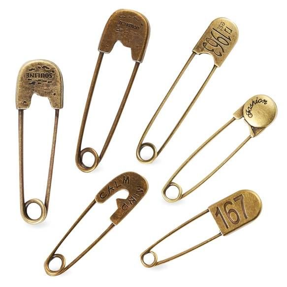 安全ピン おしゃれ 真鍮 6個セット 大 小 燻し加工 ダークブロンズ