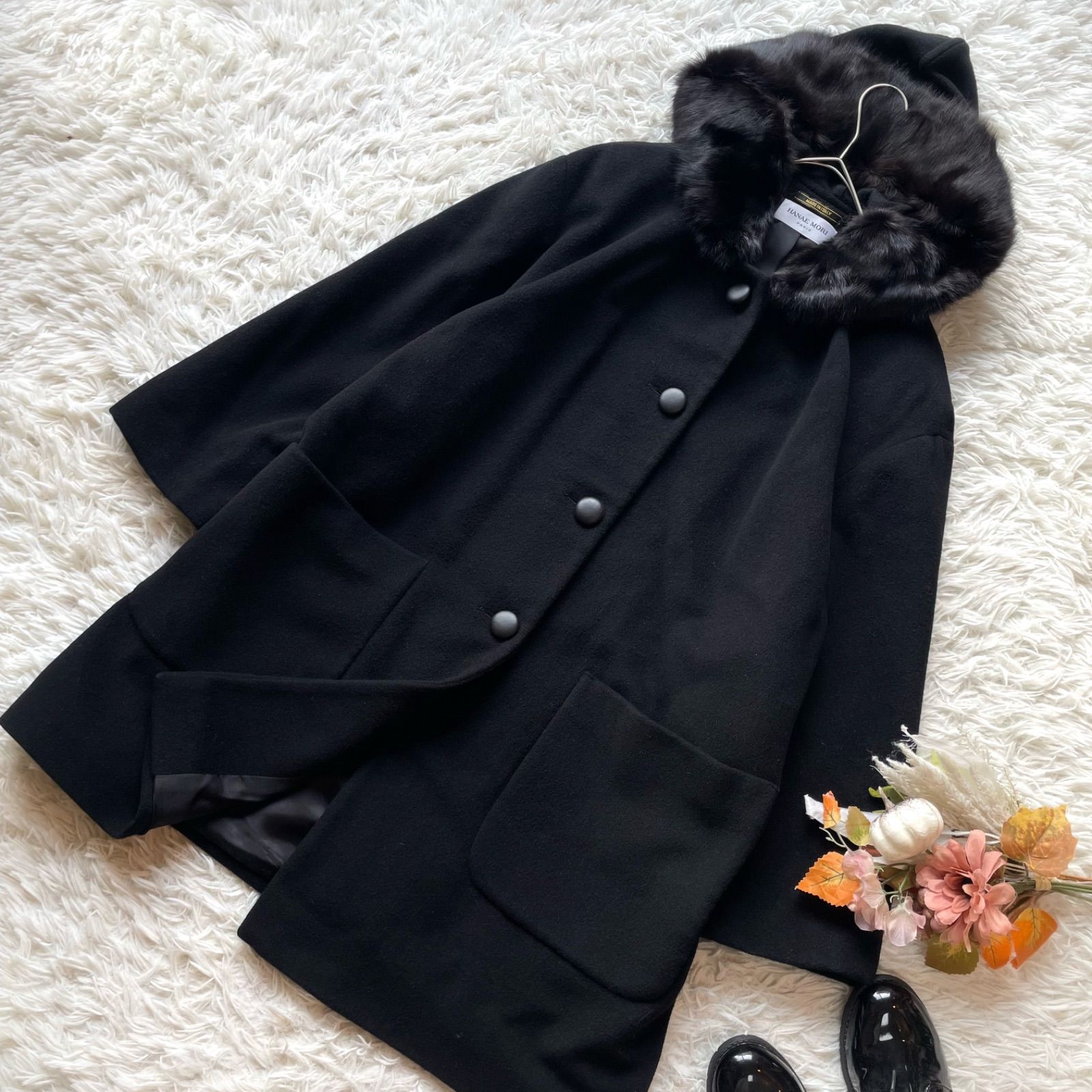 HANAE MORI ハナエモリ カシミヤ100%フーデットコート ロング リアル