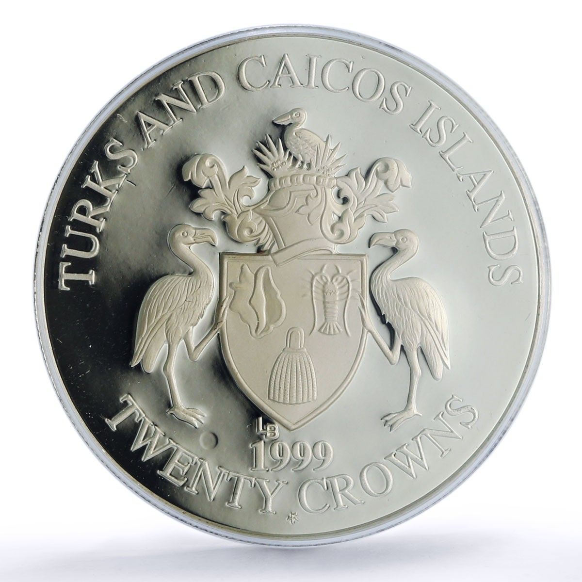 タークス・カイコス諸島 20クラウン フラミンゴバード PR 69 PCGS 銀貨