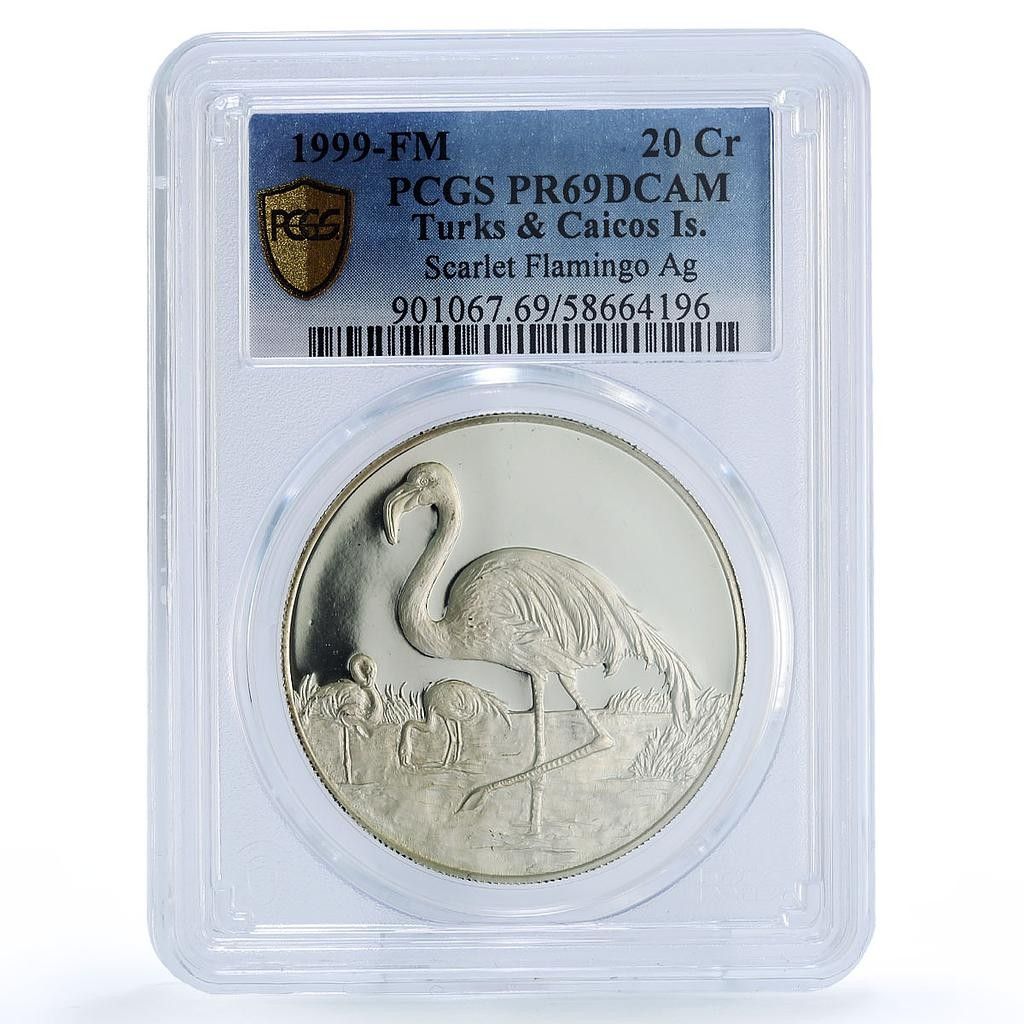 タークス・カイコス諸島 20クラウン フラミンゴバード PR 69 PCGS 銀貨