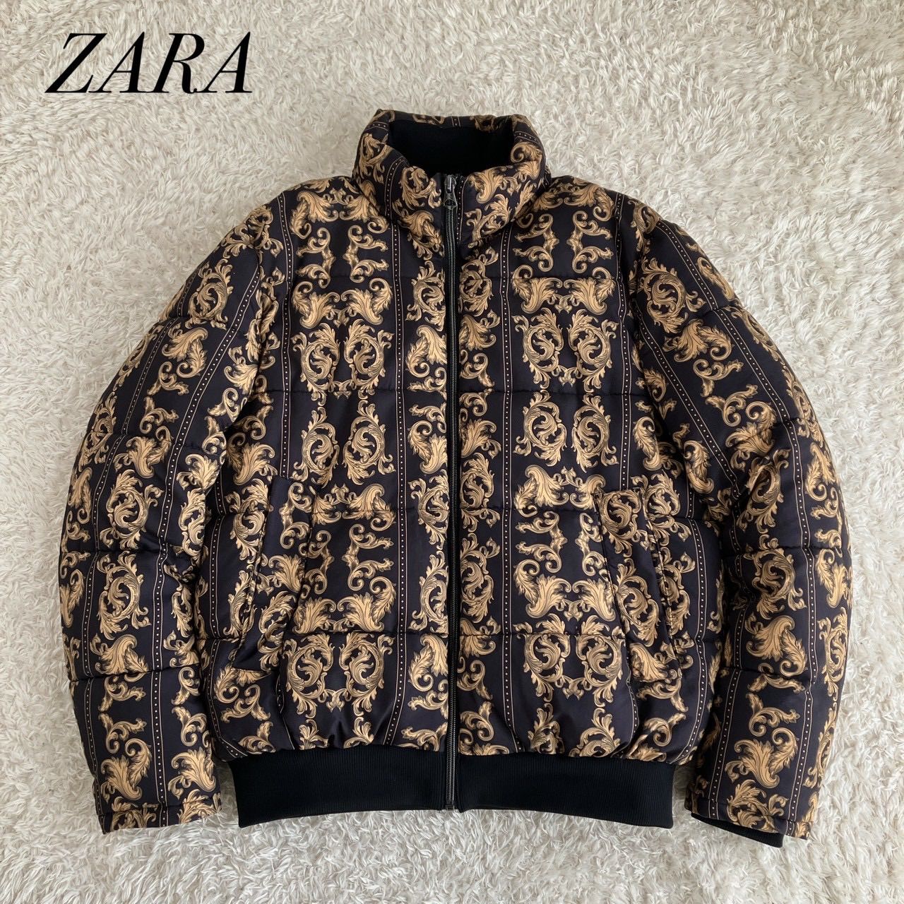 セール品‼️社交ダンス　サンバ　オーストリッチフェザー　ゴールド✖️ブラック　M 極美品！ZARA ザラ バロック調 パフジャケット 総柄 ダウンジャケット