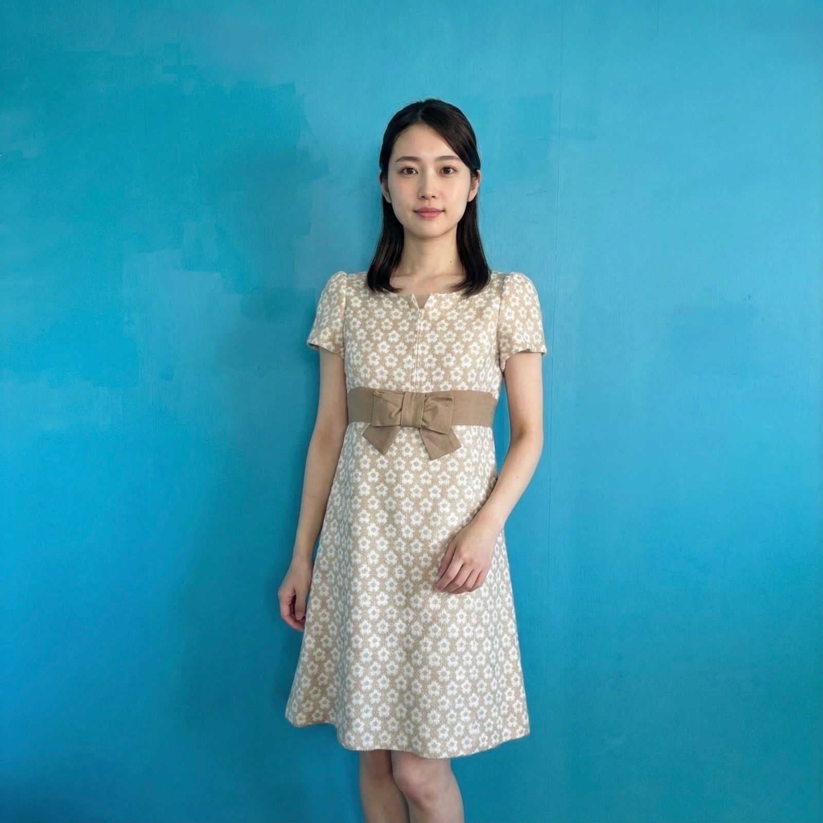 1133 エムズグレイシー ワンピース 花柄 ウール混 リボン 38 Mサイズ