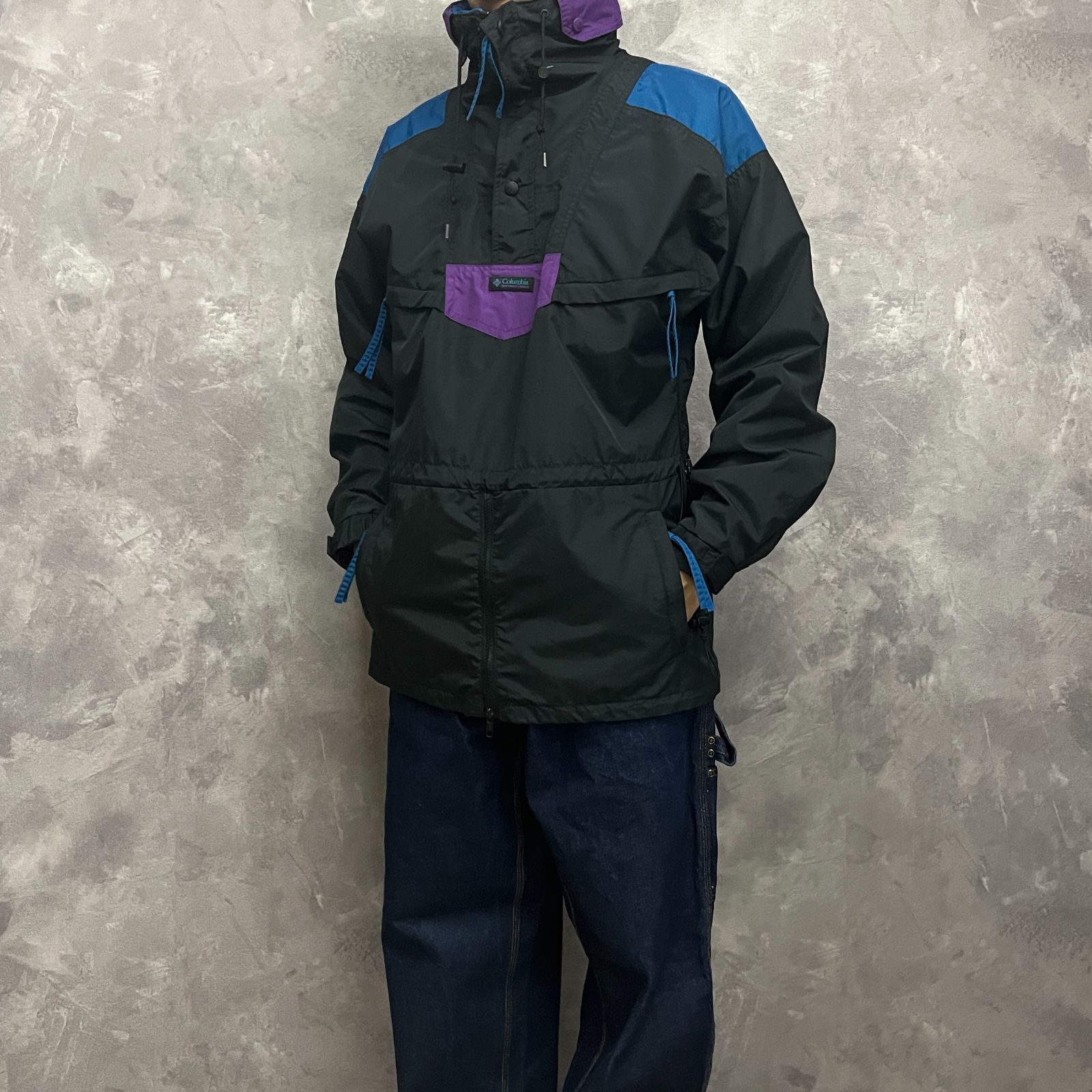 90s Columbia アノラックパーカー サイズM ブラック×ブルー×パープル