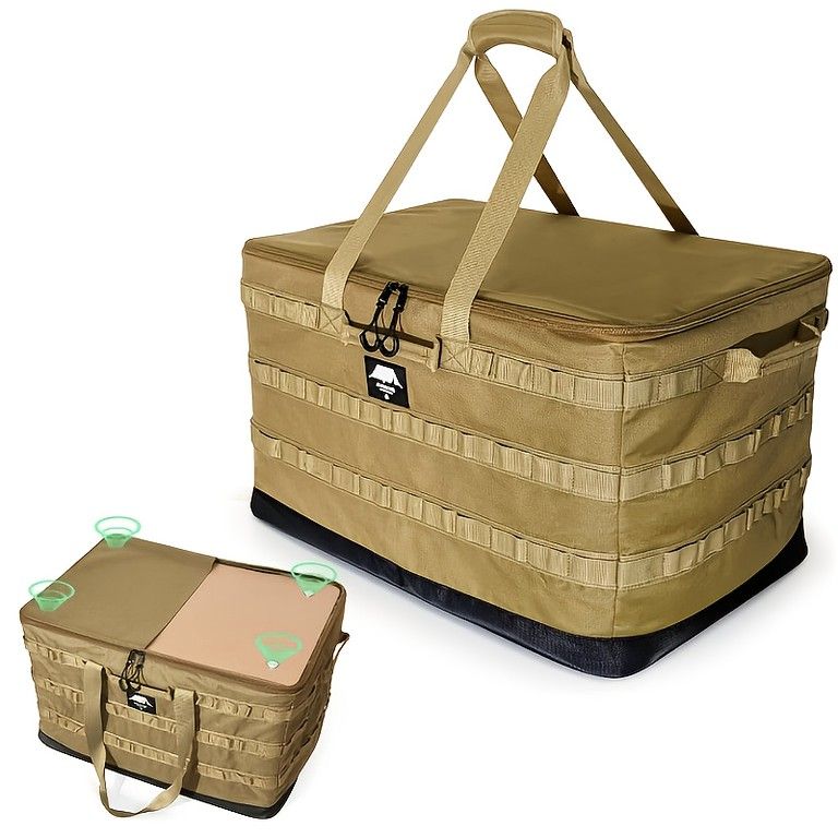 木製天板付き 特大アウトドアストレージボックス 複数コンパートメント デニム生地 折りたたみ式 頑丈ハンドル キャンプ ハイキング アウトドアに カーキ