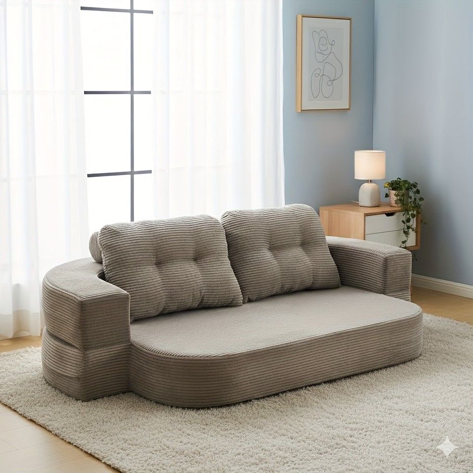 省スペース＆簡単移動 2 way モダンソファベッド メモリーフォーム 2人掛け 1人掛け ローソファ フロアソファ 背もたれ＆クッション 枕付き グレー 小型アパート ゲストルームに最適 組み立て不要 ブラウン