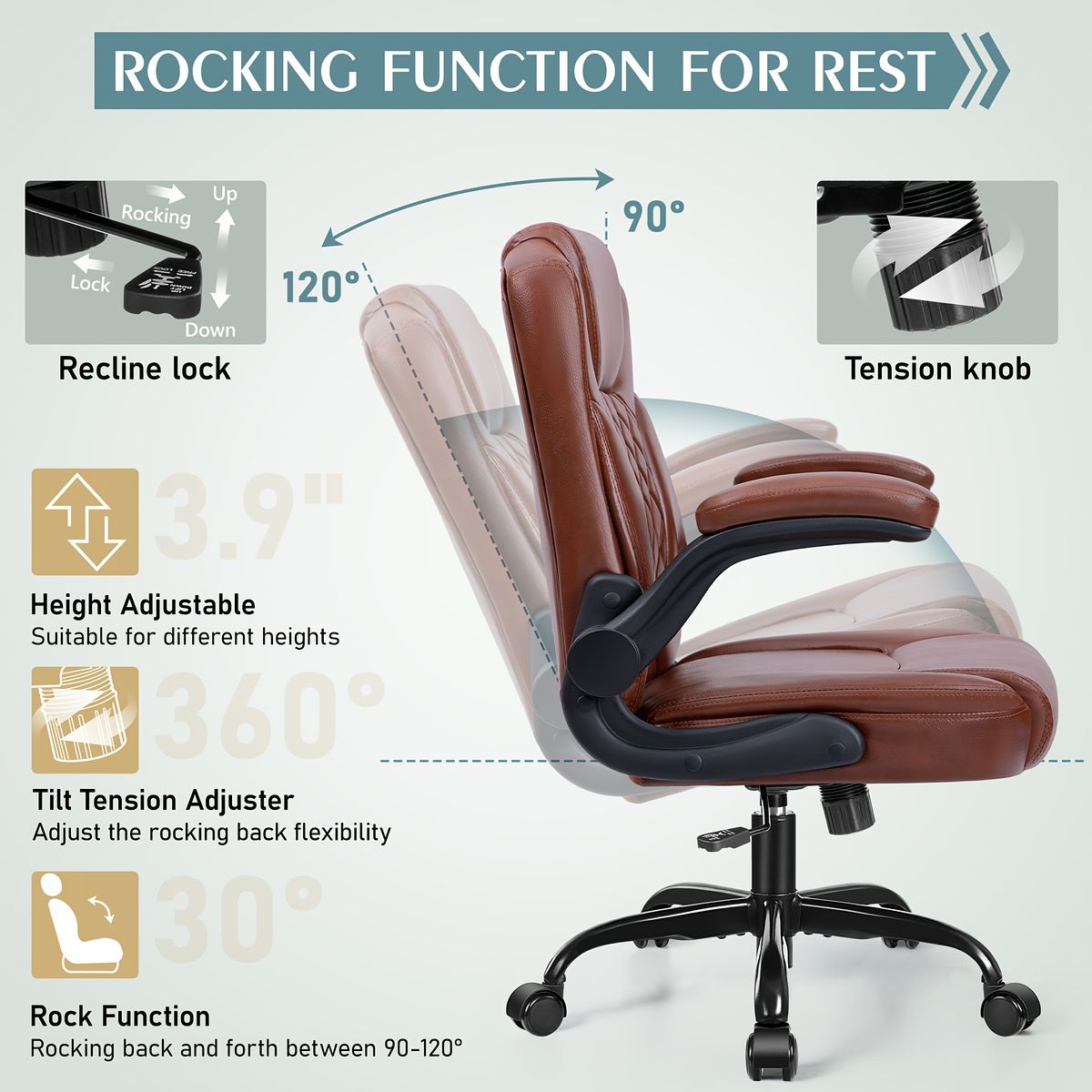  腰サポート＆ロッキング機能 オフィスチェア デスクチェア 360回転 高さ調節 ミッドバック 耐荷重125kg 省スペース 静音キャスター 手動リクライニング ワークチェア パソコンチェア 事務椅子 黒 グレー 白 茶 グレー パソコンチェア オフィスチェア ワークチェア 椅子 チェア