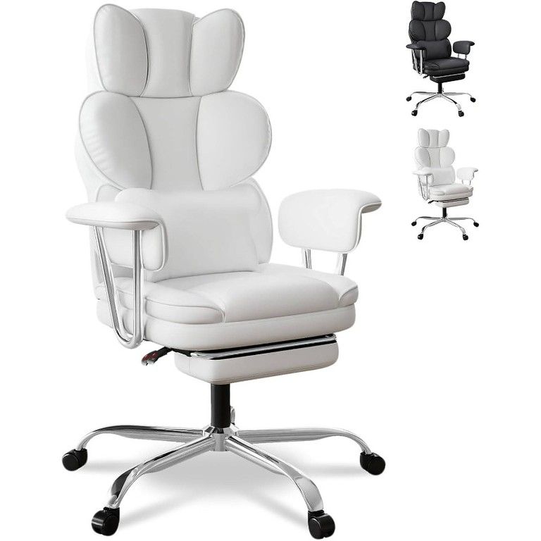 ＆快適 フットレスト付 オフィスチェア リクライニング155度 PUレザー デスクチェア 人間工学 腰椎サポート 高耐久 ホームオフィス ゲーミングに最適 組立済 選べる ホワイト