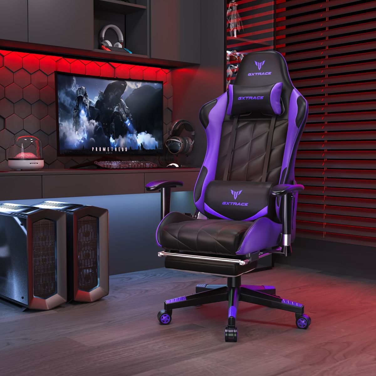 165リクライニング エルゴノミック ゲーミングチェア オットマン付 パソコンチェア リクライニング デスクチェア オフィスチェア アームレスト ヘッドレスト 高さ調整 疲れない ゲーム テレワーク 在宅勤務 パープル