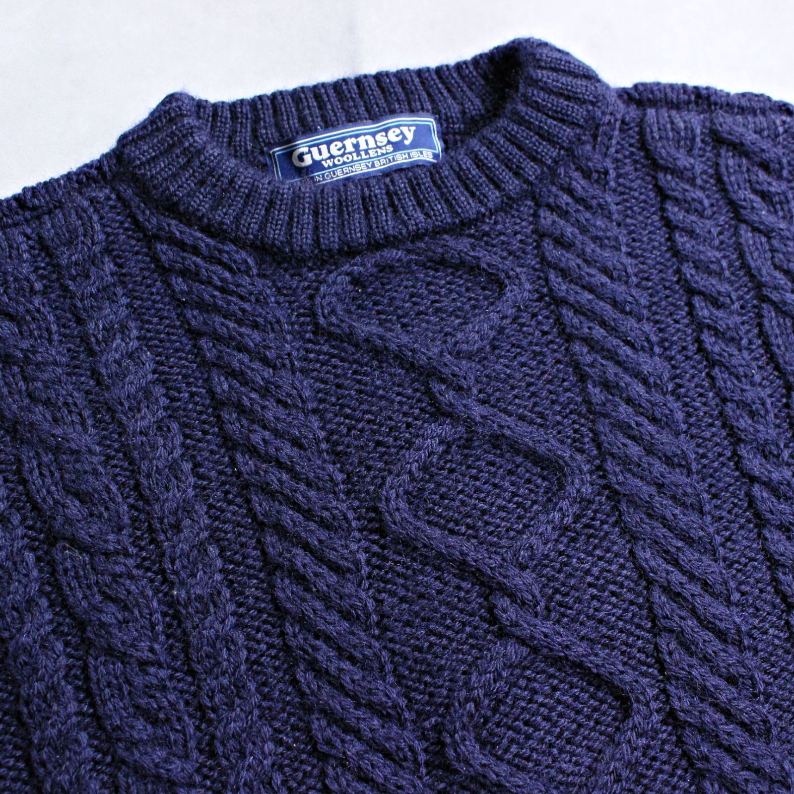 GUERNSEY WOOLLENS イギリス製 ガンジーセーター ケーブル編み アランセーター フィッシャーマン ネイビー Sサイズ